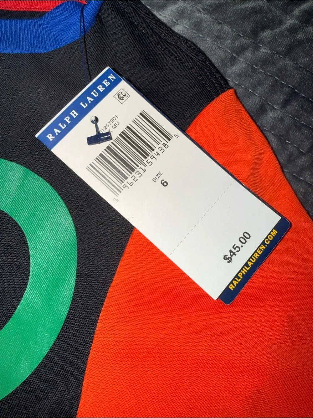 Ralph Lauren Black Tee with Multicolor Logo and Colorblock Sleeves